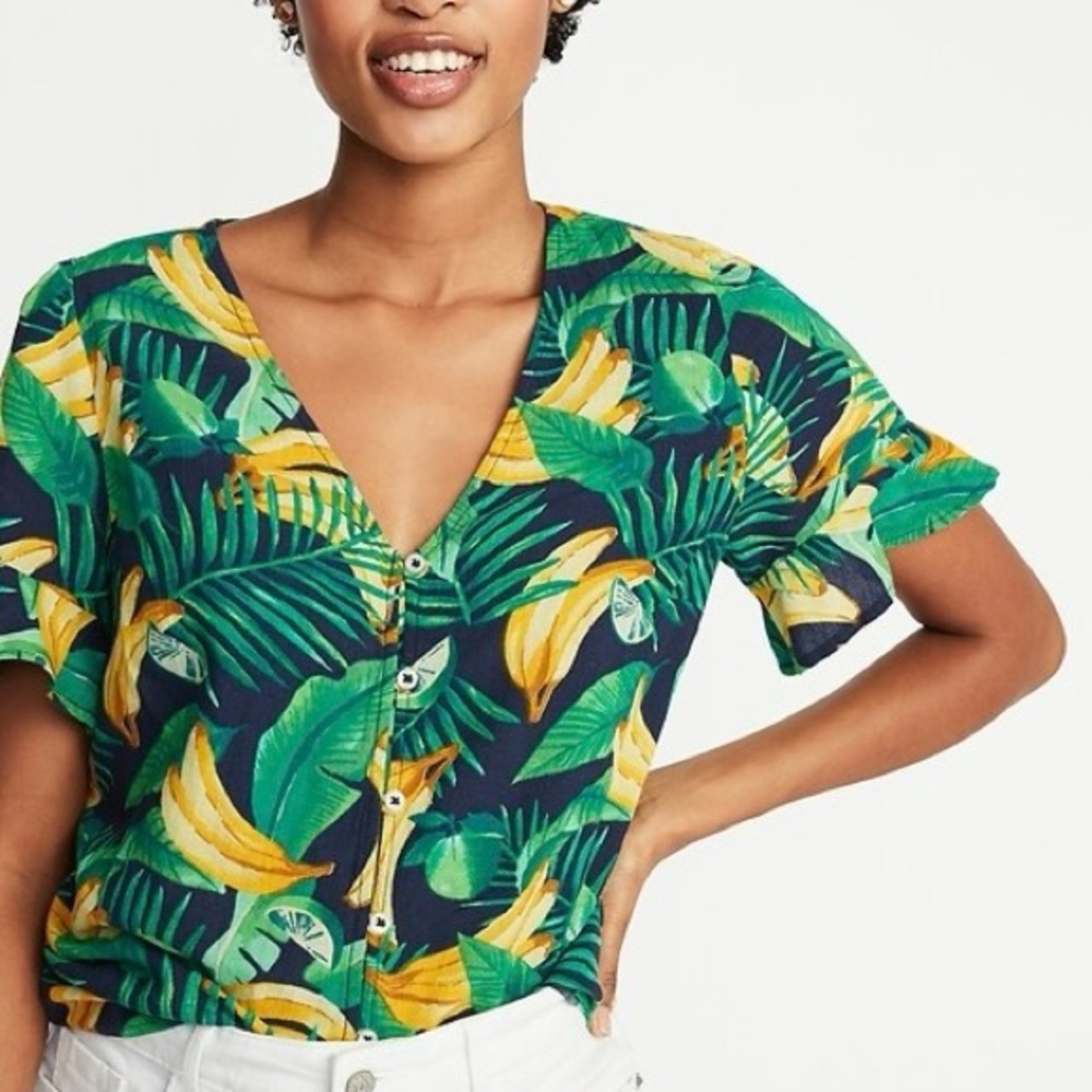 Linen Blend Old Navy Banana Tropical Print Button Flutter Sleeve Top Size Large